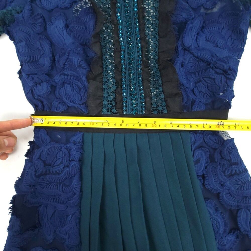 NEW Self Portrait Thea Sheer Lace Applique Pleated Maxi Dress Navy Emerald Gown - Picture 5 of 11